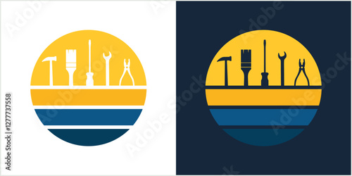 construction equipment hammer,brush,pliers,screwdriver,wrench sunset abstract vector