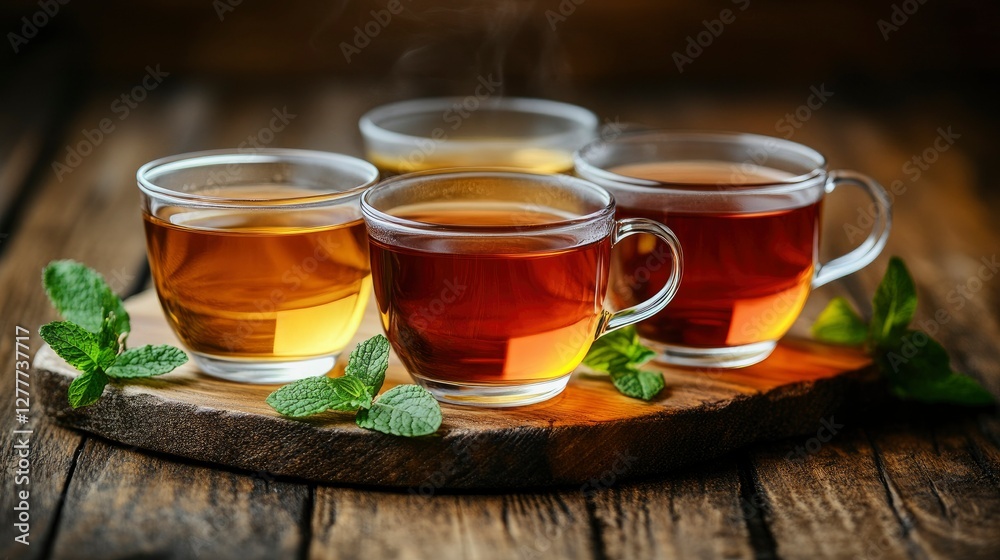 Aromatic Tea Cups with Fresh Mint on Rustic Wooden Board Aromatic Tea Cups with Fresh Mint on Rustic Wooden Board