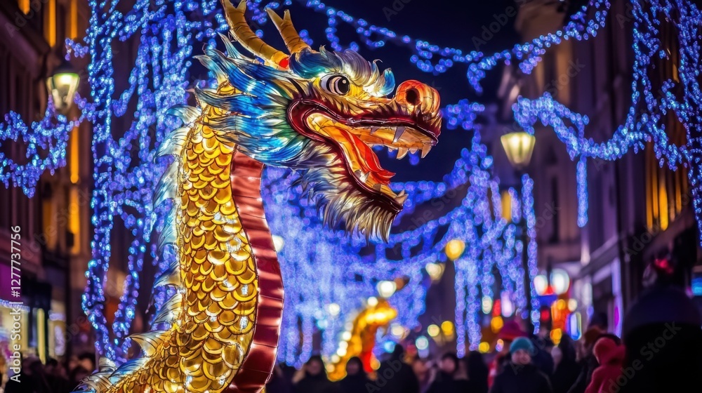 Fototapeta premium Colorful Dragon Lantern Amidst Sparkling Holiday Lights at Night