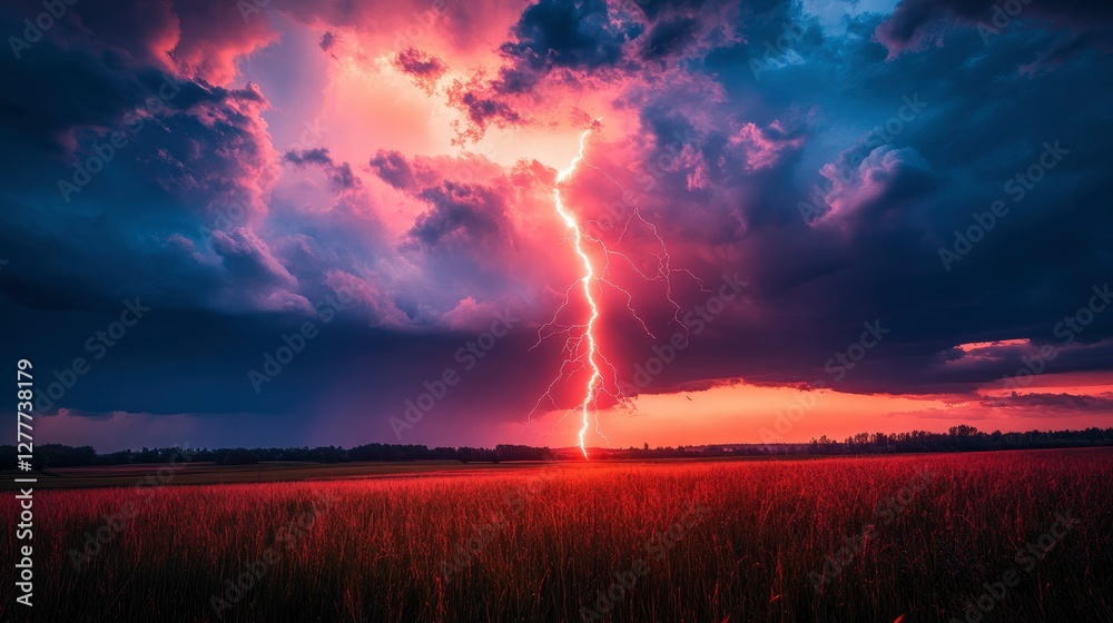Fototapeta premium Dramatic Lightning Strike Over Sunset Field