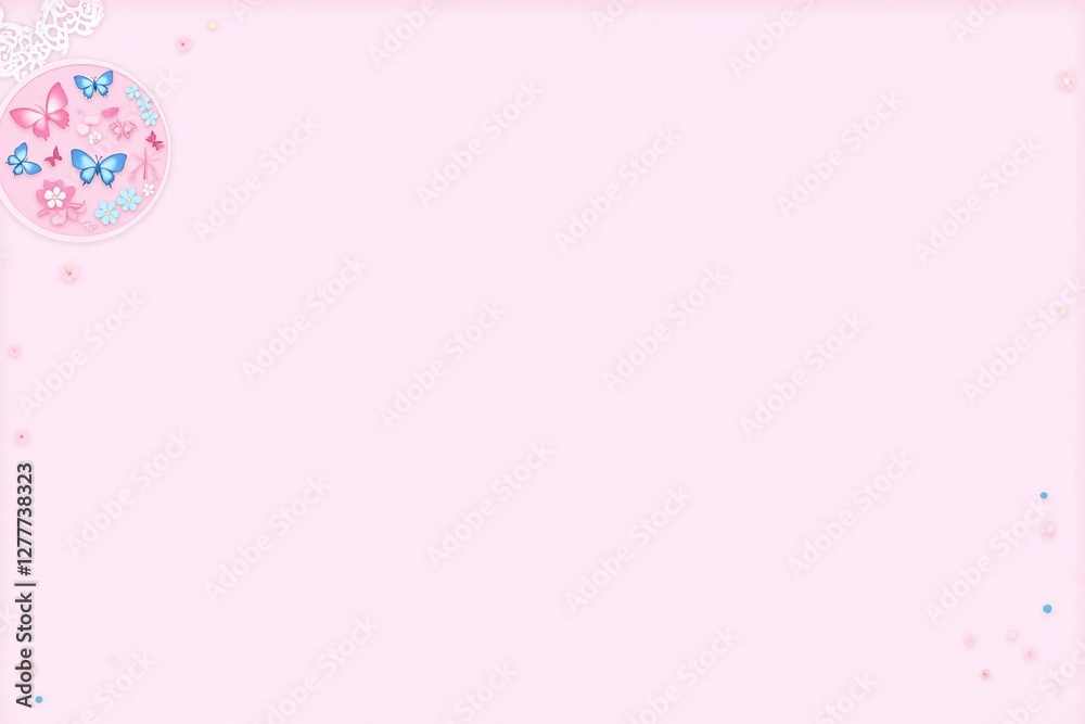 Pink background pink circle white lace flowers butterflies Pink background pink circle white lace flowers butterflies