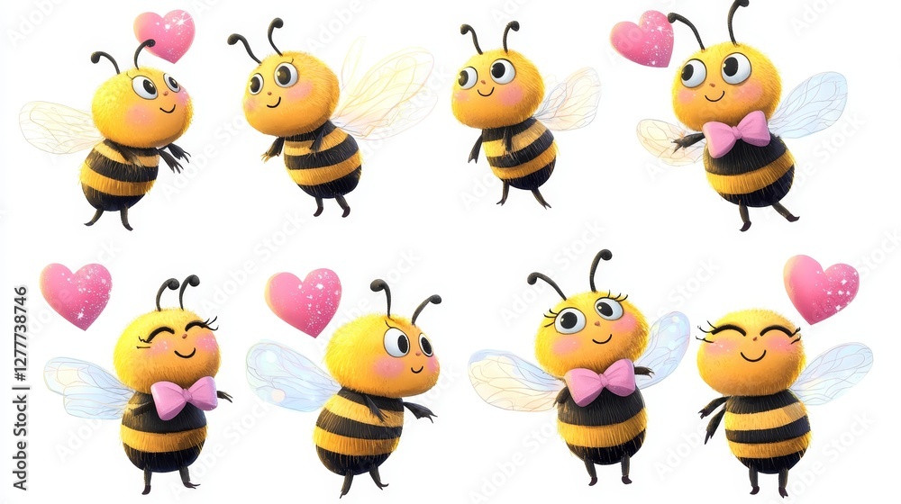 Naklejka premium Set of adorable bees with heart-shaped wings, wearing tiny bows and carrying glowing heart garlands, isolated on a white background