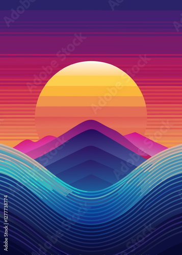 Sunset over Mountains: Capturing a majestic mountain range with a vibrant sunset in a digital art style, the image evokes a sense of awe and wonder. 