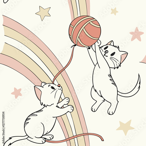 Playful Kittens and Yarn: Delightful illustration of two kittens joyfully playing with a ball of yarn, their movements highlighted against a backdrop of whimsical rainbows and stars.