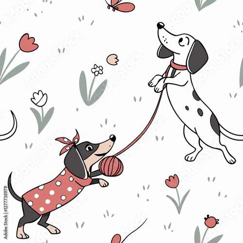 Playful Dachshunds in Garden: Whimsical illustrated scene of two lively dachshunds frolicking in a vibrant garden filled with blooming flowers.