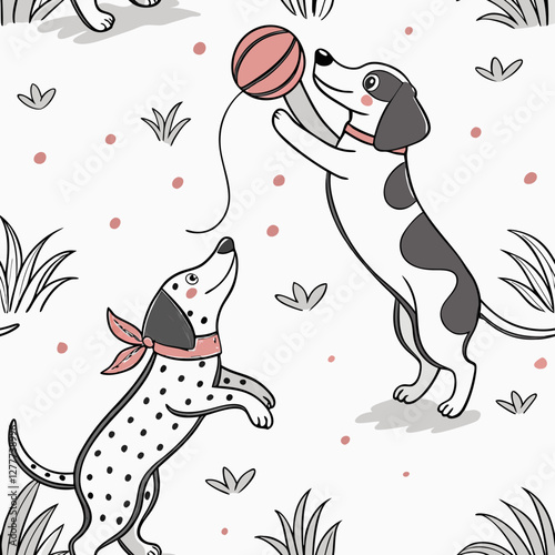Playful Pups: Two animated puppies joyfully interact in a whimsical outdoor setting, playing fetch with a ball, illustrating the playful bond and fun of puppyhood. 