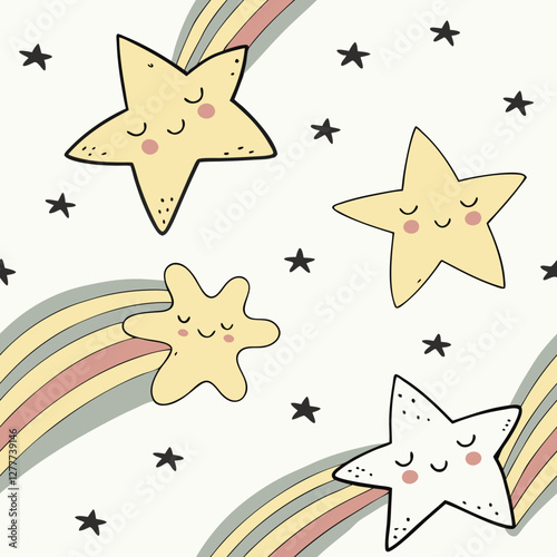 Celestial Dreamscape: A whimsical illustration of charming, smiling stars against a backdrop of pastel rainbows and additional stars, evoking a sense of wonder and serenity, seamless for printing 