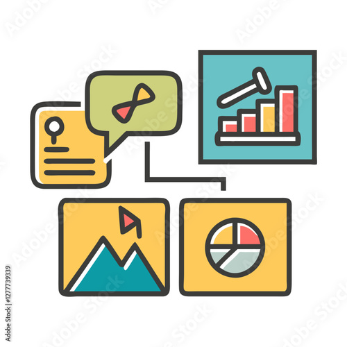Data Analysis Icons: Colorful icons representing data analysis, business, and information visualization, are interconnected by lines, suggesting a network of analytical process.