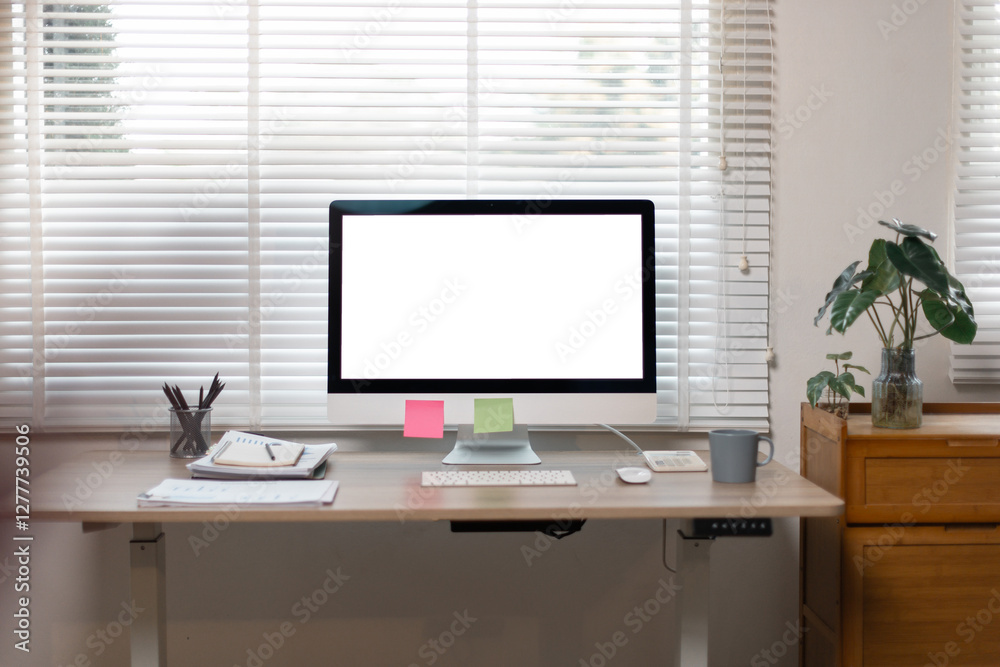 Desktop computer Blank screen PC in minimal workplace office room with decorations and copy space modern
Desktop computer Blank screen PC in minimal workplace office room with decorations and copy space modern