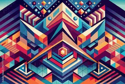 Geometric Symmetry: a symmetrical and colorful geometric illustration featuring a mix of vibrant hues and intricate patterns. it is an eye-catching and visually striking design.
