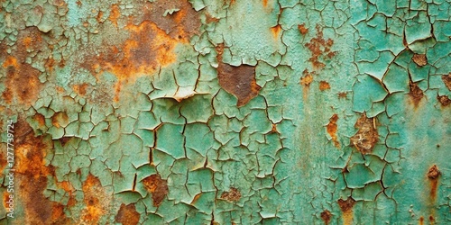 Intricate Texture of Aged Teal Paint Flaking and Rusting on Metal Surface