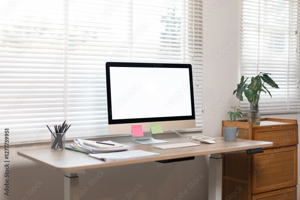 Desktop computer Blank screen PC in minimal workplace office room with decorations and copy space modern
Desktop computer Blank screen PC in minimal workplace office room with decorations and copy space modern