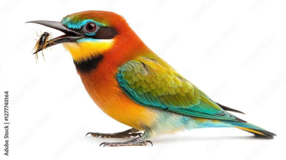 Fototapeta premium Colorful Bee-eater Bird Eating Insect on White Background