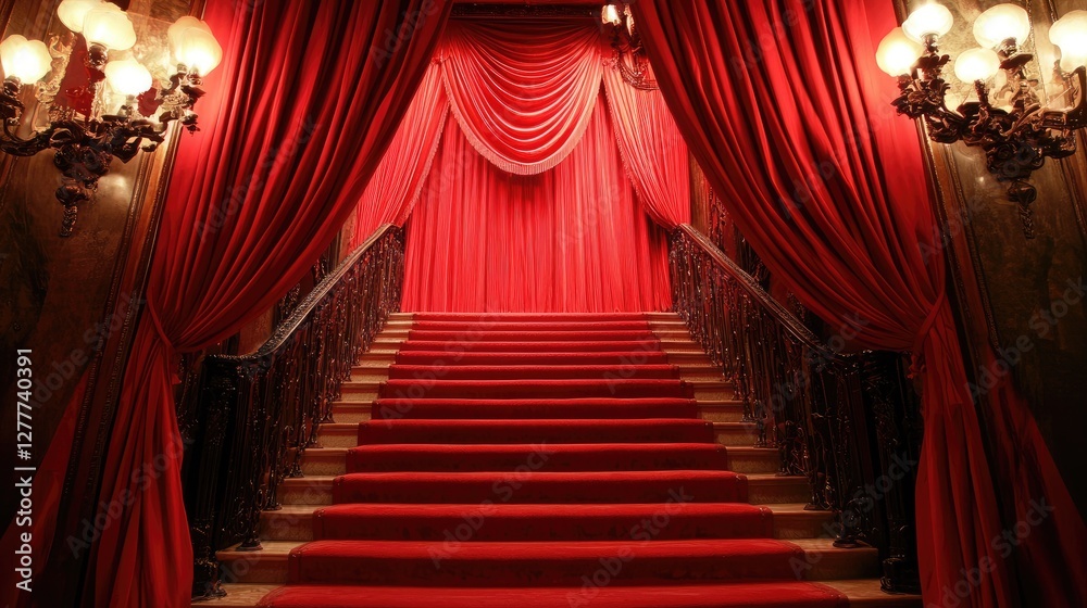 Fototapeta premium A beautiful red curtain with soft lighting effects highlighting a staircase, creating an elegant and inviting atmosphere.