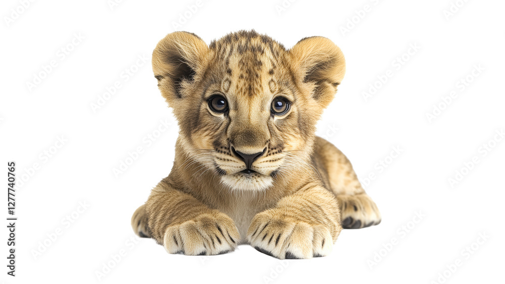 Obraz premium Young lion cub resting quietly on a surface