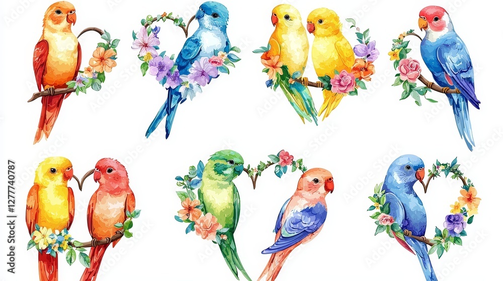 Obraz premium Set of colorful lovebirds with floral wreaths around their necks, perched together forming heart shapes, isolated on white
