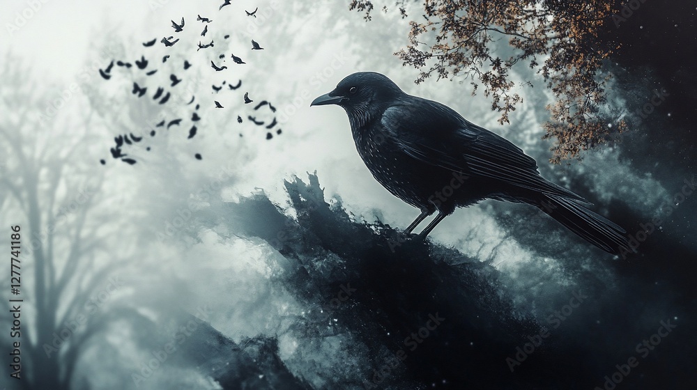 Fototapeta premium A crow perched on a branch in a misty forest with bats flying.