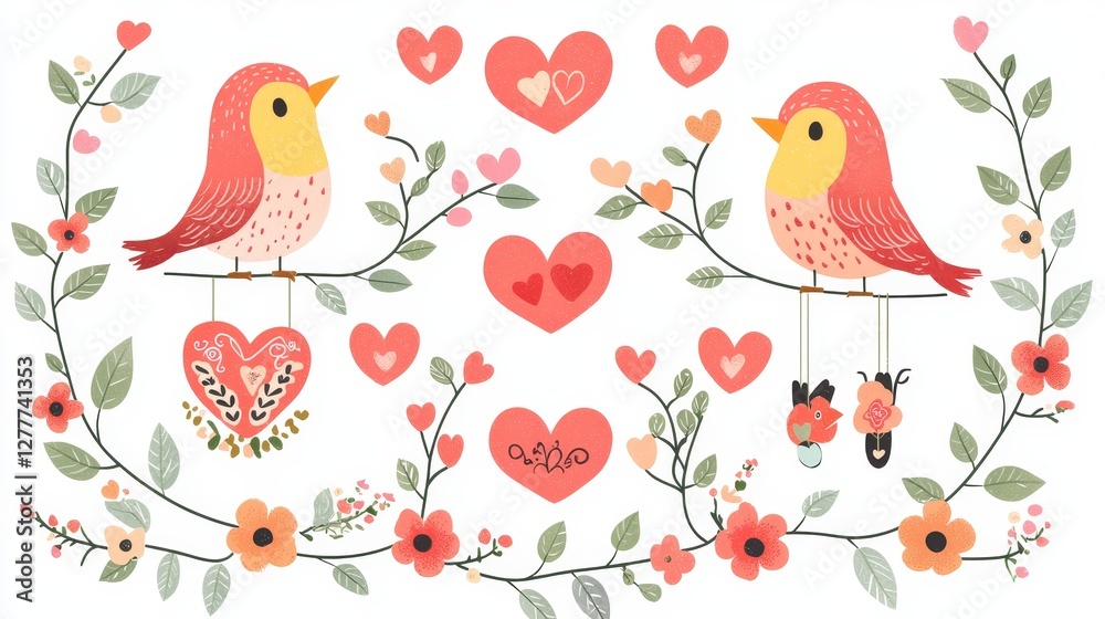 Set of lovebirds surrounded by heart-shaped floral garlands, each bird with a unique Valentine's accessory, cut out on white Set of lovebirds surrounded by heart-shaped floral garlands, each bird with a unique Valentine's accessory, cut out on white