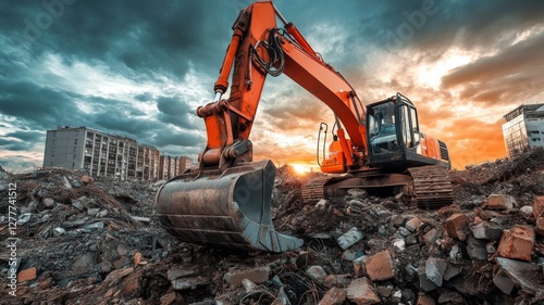 Excavator works on demolition site during sunset as clouds illuminate the sky with vibrant colors
