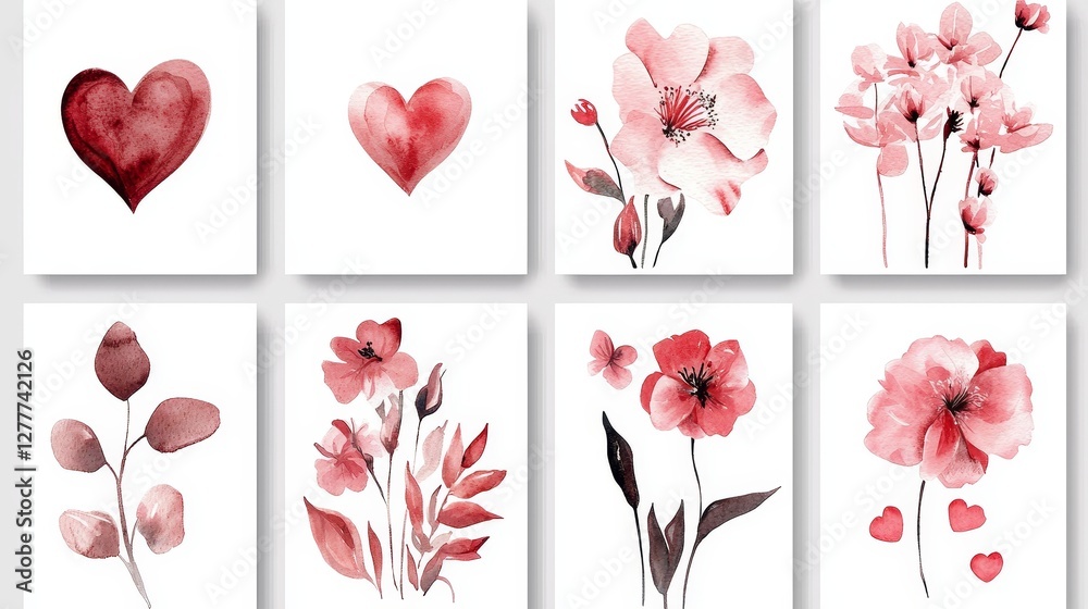 Obraz premium Set of watercolor Valentine's cards, hand-painted floral and heart motifs, soft romantic tones, isolated white background