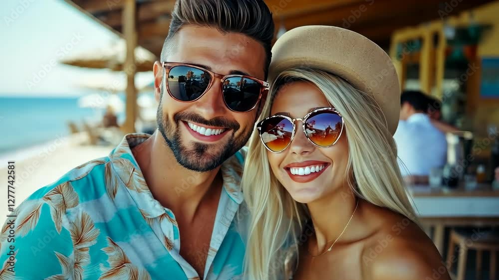 Smiling young couple enjoying a sunny beach day with stylish sunglasses in a tropical setting Smiling young couple enjoying a sunny beach day with stylish sunglasses in a tropical setting