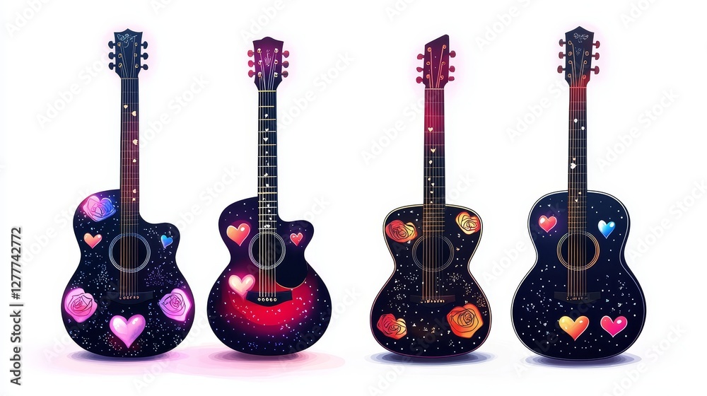 Fototapeta premium Unique set of electric and acoustic guitars decorated with love-themed decals, glowing heart accents, and subtle rose prints, isolated white background