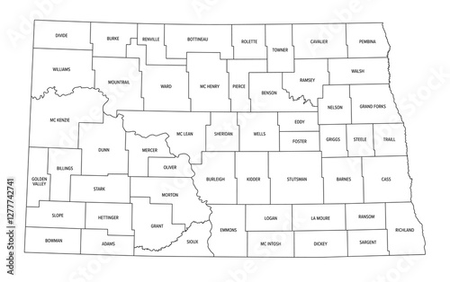 State of North Dakota subdivided into 53 counties, outline map. State in the Upper Midwest region of United States, nicknamed Peace Garden and Roughrider State. Map with boundaries and county names.