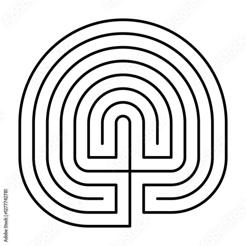 Sevenfold Cretan labyrinth with single path. Classical design of circular shaped 7-course labyrinth, well-known in antiquity. Also the design of a Caerdroia, a Welsh turf maze, created by shepherds.