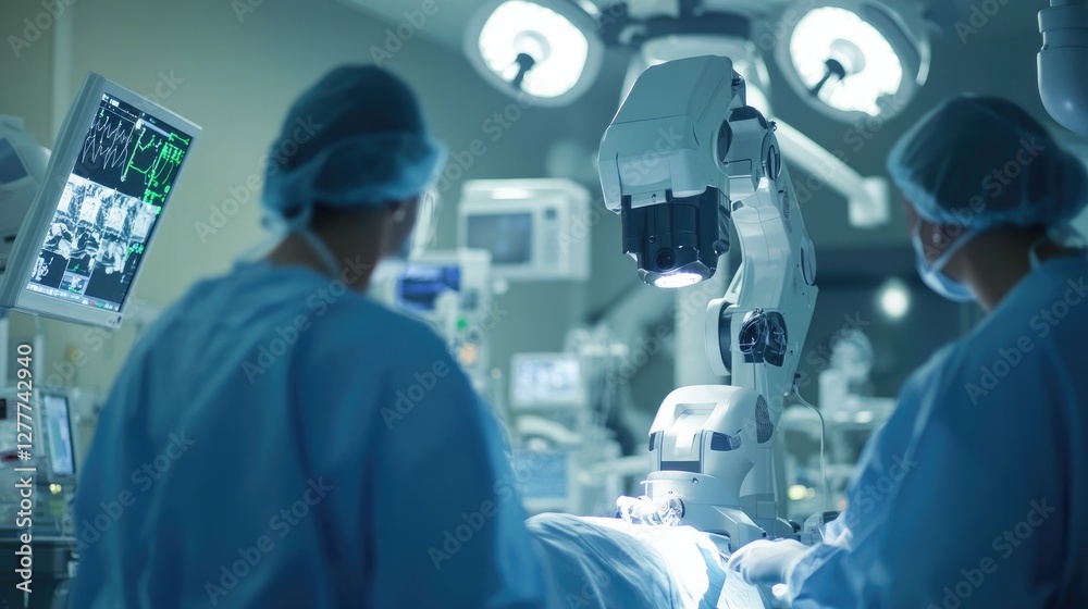 A close-up of a robotic surgical system in use, with a medical team performing a minimally invasive procedure in a modern operating room. A close-up of a robotic surgical system in use, with a medical team performing a minimally invasive procedure in a modern operating room.