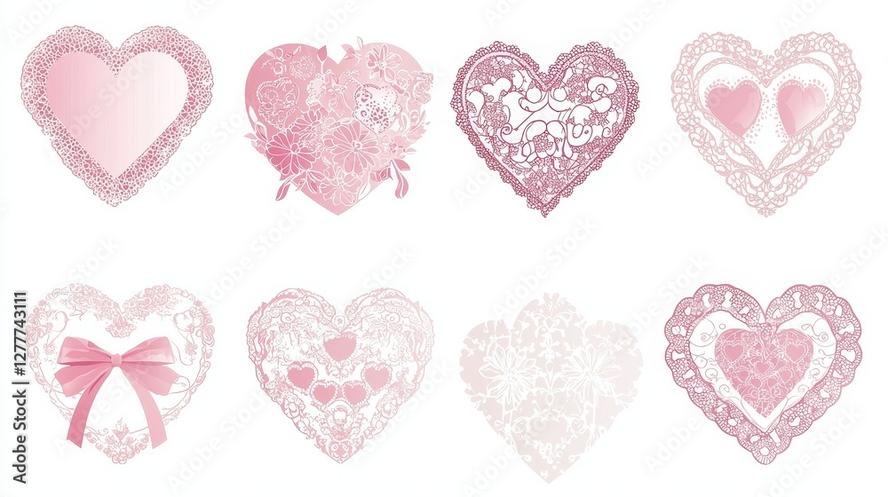 Valentine's day-themed heart set featuring lace patterns, ribbon accents, and romantic elements, cut out style, isolated on white Valentine's day-themed heart set featuring lace patterns, ribbon accents, and romantic elements, cut out style, isolated on white