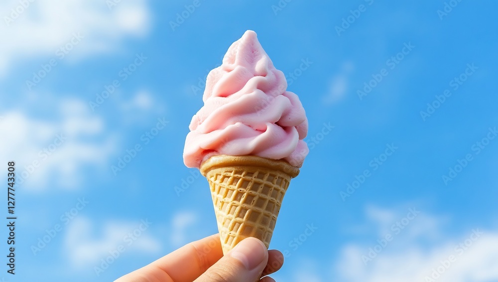 Hand holding pink ice cream cone against bright blue sky; summer, vacation Hand holding pink ice cream cone against bright blue sky; summer, vacation