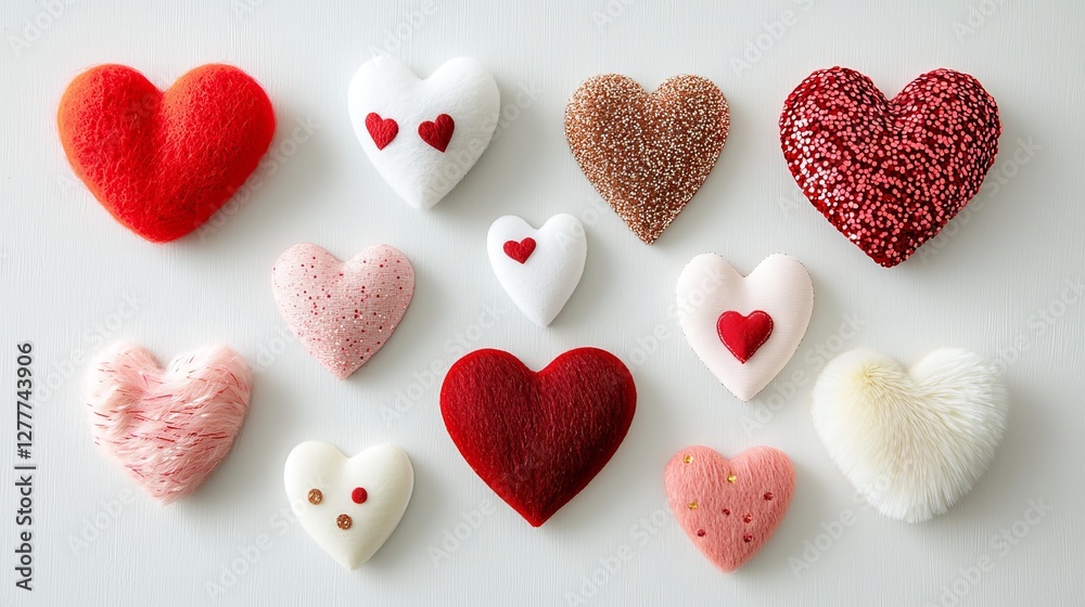 Fototapeta premium Variety of Valentine-themed hearts with different materials--felt, sequins, and satin--cut out and placed on a clean white surface