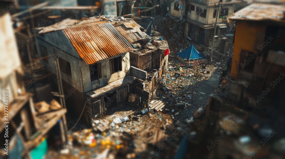 Urban decay highlighted by piles of debris and dilapidated buildings in a crowded neighborhood during the day Urban decay highlighted by piles of debris and dilapidated buildings in a crowded neighborhood during the day