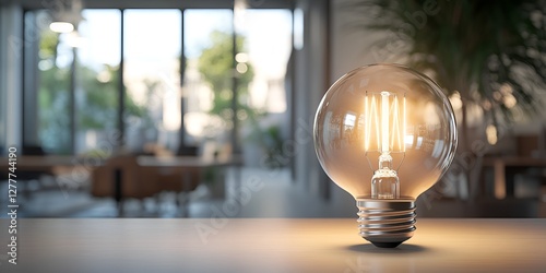 A light bulb is glowing on the table in front of an office background with copy space. 