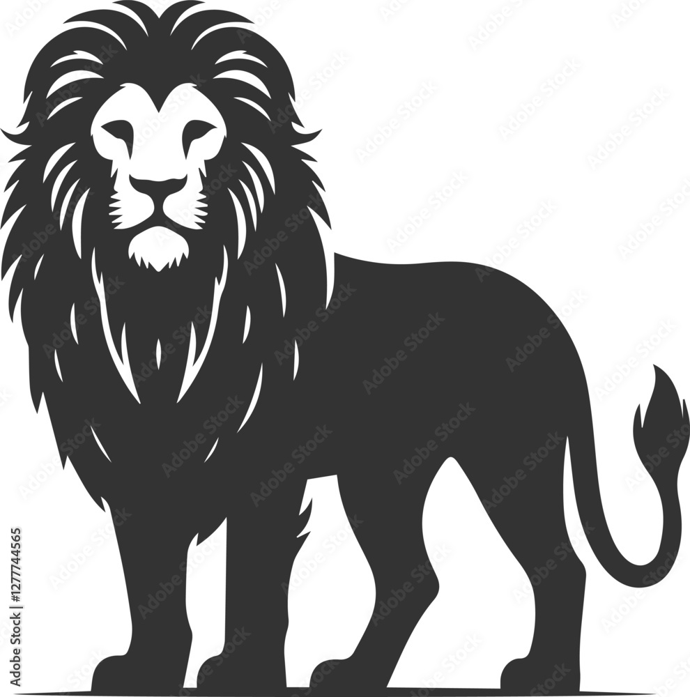 Black silhouette of a lion standing proudly with a neutral expression Black silhouette of a lion standing proudly with a neutral expression