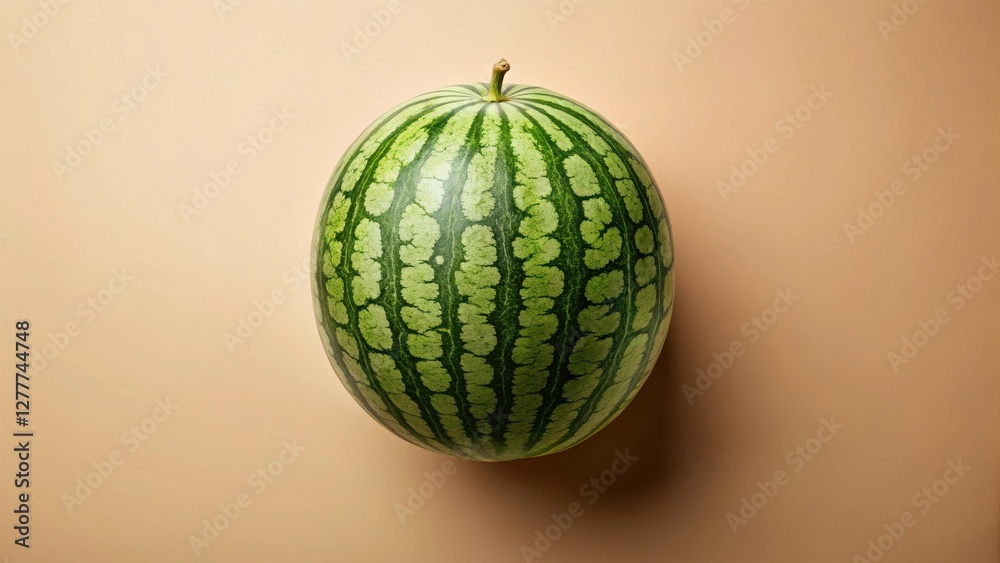 A Single, Oval-Shaped Watermelon on a Pale Tan Background, Highlighting its Vibrant Green Rind and Intricate Pattern A Single, Oval-Shaped Watermelon on a Pale Tan Background, Highlighting its Vibrant Green Rind and Intricate Pattern