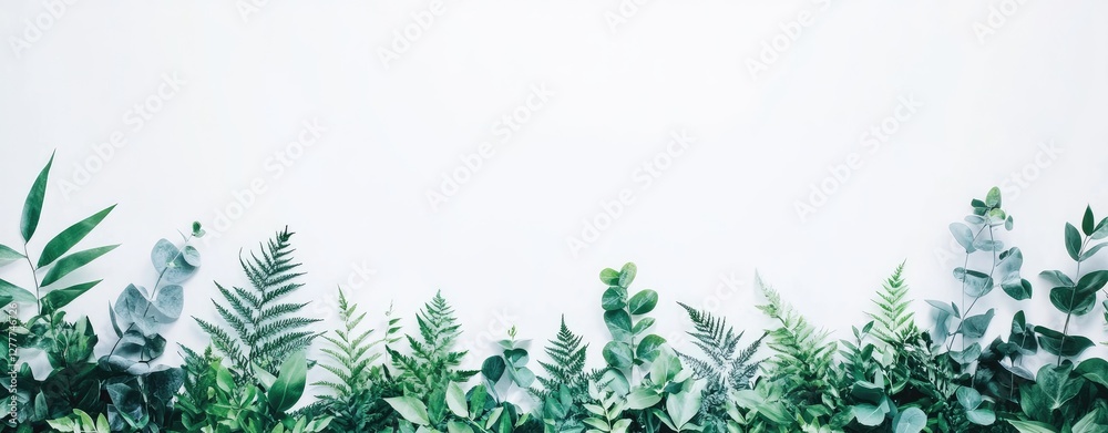 Greenery border on white background; foliage arrangement; website banner Greenery border on white background; foliage arrangement; website banner