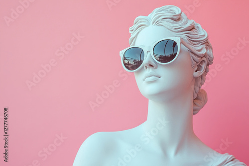 Beautiful female sculpture in ancient greek art style wearing sunglasses looking to the left on pink background. Fashionable photo of pop art statue.