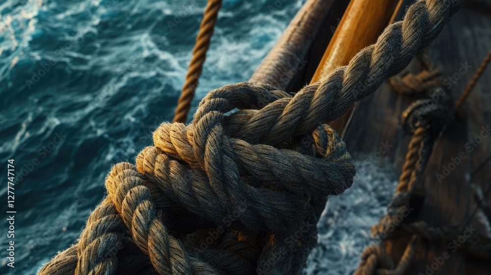 Fototapeta premium A detailed image of a thick rope on a boat at sea, showing the intricacies of the knot and the durability of the material in action.