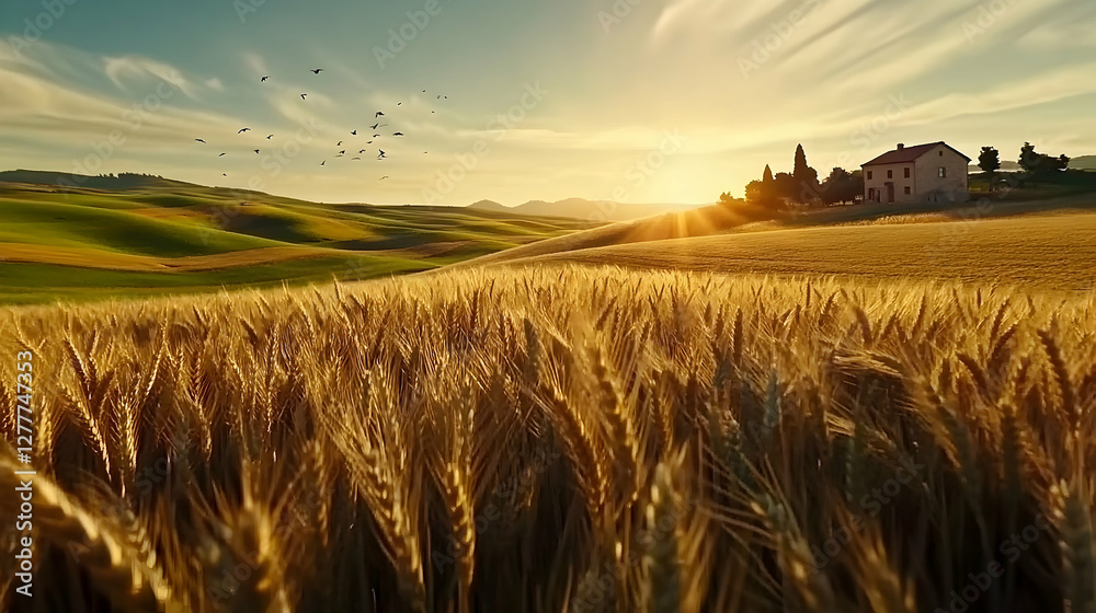 Obraz premium Tuscan sunset, wheat field, farmhouse, birds