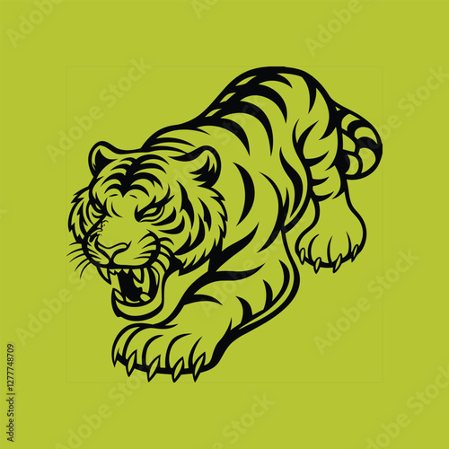 A bold and aggressive tiger illustration, captured in black lines on a vibrant background showing its power and intensity