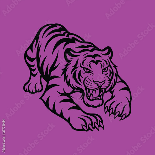 A bold and aggressive tiger illustration, captured in black lines on a vibrant background showing its power and intensity