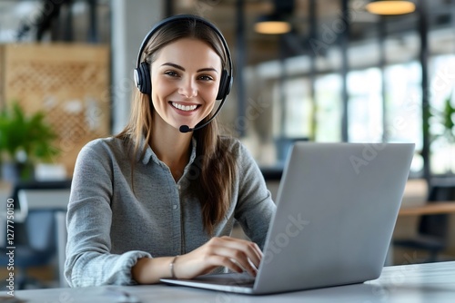 Happy female customer service business support woman with a headset using a laptop in a modern office.