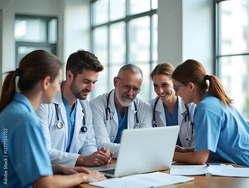 Team of doctors and nurses participating in a meeting or conference in the hospital. Group working together, utilizing a laptop to enhance teamwork. Generative ai Team of doctors and nurses participating in a meeting or conference in the hospital. Group working together, utilizing a laptop to enhance teamwork. Generative ai