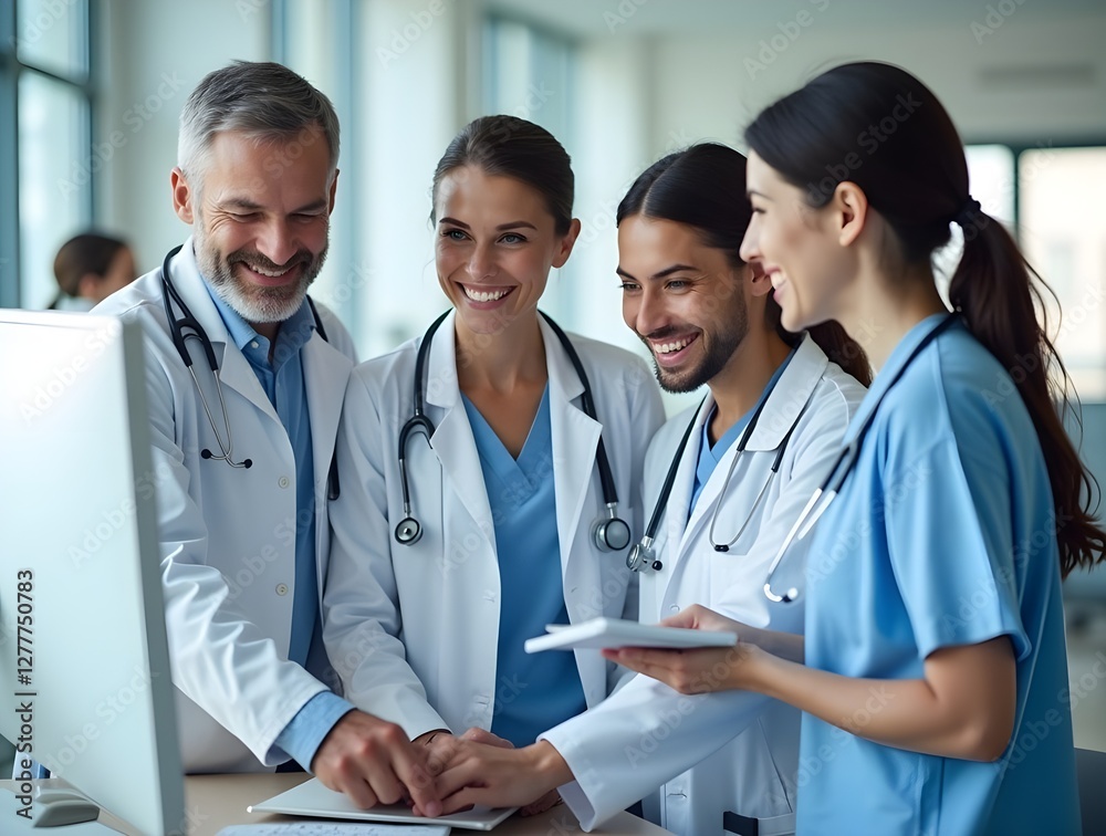 Team of doctors and nurses participating in a meeting or conference in the hospital. Group working together, utilizing a laptop to enhance teamwork. Generative ai Team of doctors and nurses participating in a meeting or conference in the hospital. Group working together, utilizing a laptop to enhance teamwork. Generative ai