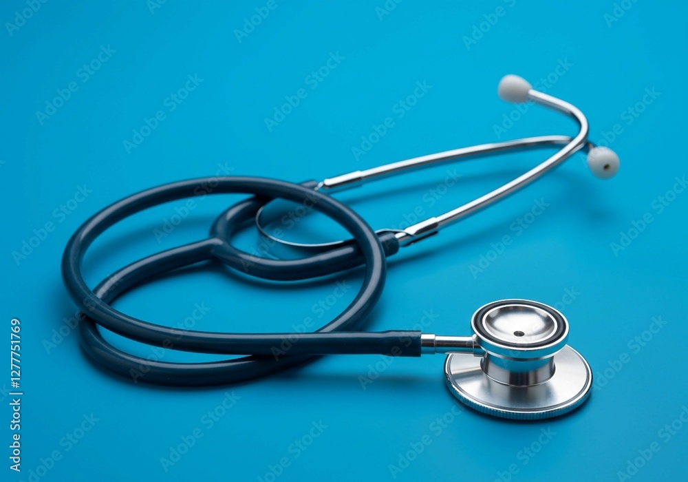 Stethoscope angled on a blue background, symbolizing doctors, nurses, and the medical field Stethoscope angled on a blue background, symbolizing doctors, nurses, and the medical field