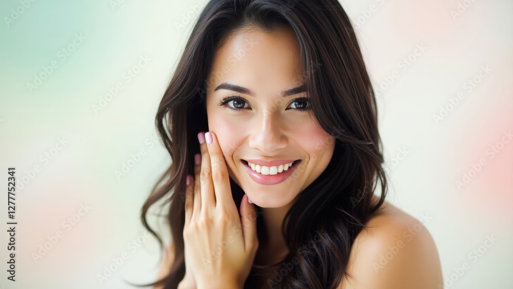 woman with fair skin and smooth skin, emphasizing a simple and clean style. she is gently applying water on her cheek with her right hand. The background is white, indicating that this photo is likely woman with fair skin and smooth skin, emphasizing a simple and clean style. she is gently applying water on her cheek with her right hand. The background is white, indicating that this photo is likely
