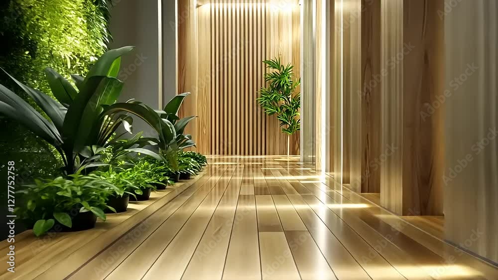 Serene Indoor Corridor with Lush Greenery and Wooden Walls Serene Indoor Corridor with Lush Greenery and Wooden Walls