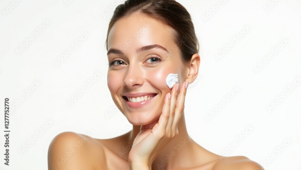 woman with fair skin and smooth skin, emphasizing a simple and clean style. she is gently applying water on her cheek with her right hand. The background is white, indicating that this photo is likely woman with fair skin and smooth skin, emphasizing a simple and clean style. she is gently applying water on her cheek with her right hand. The background is white, indicating that this photo is likely
