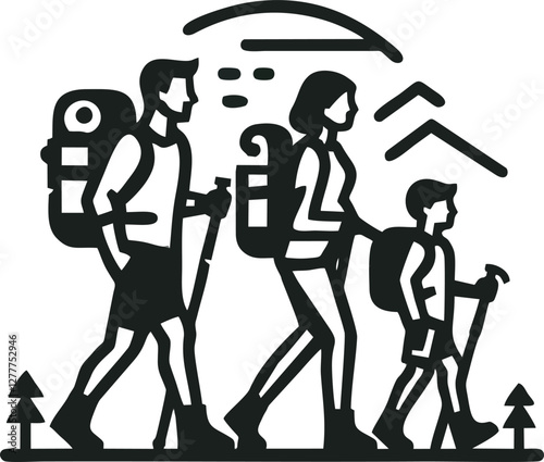 Parents and Children Hiking in Forest – Colorful Vector